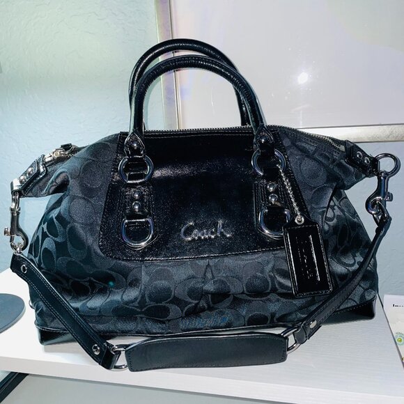 Coach Handbags - COACH Ashley Satchel Black Signature Jacquard Leather Silver Hardware